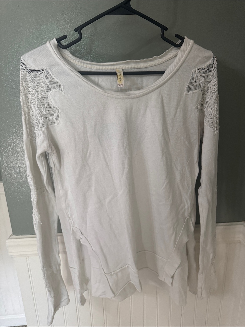 Free People Ivory Lace-Trim Long Sleeve Scoop Neck Top - Picture 1 of 5